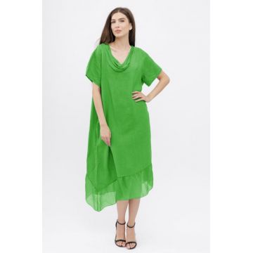 Rochie verde deschis usor asimetrica A-line, din in cu guler si volan din matase, oversize