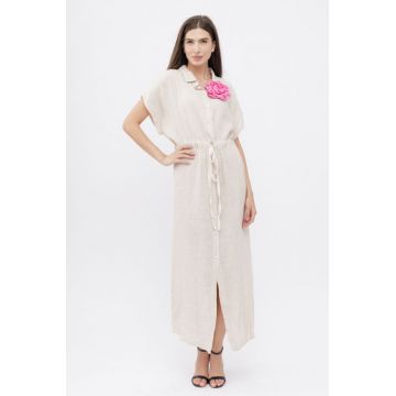 Rochie camasa, din in, cu snur in talie, bej