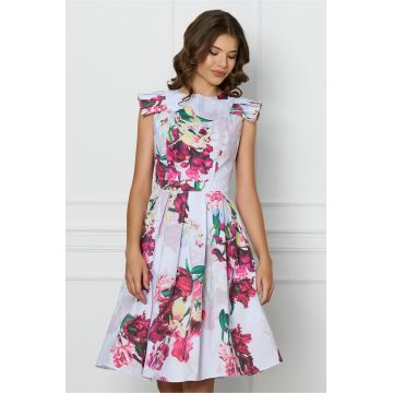 Rochie DY Fashion alba cu imprimeuri magenta si maneci scurte evantai