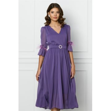 Rochie DY Fashion mov cu pene la maneci si accesoriu in talie