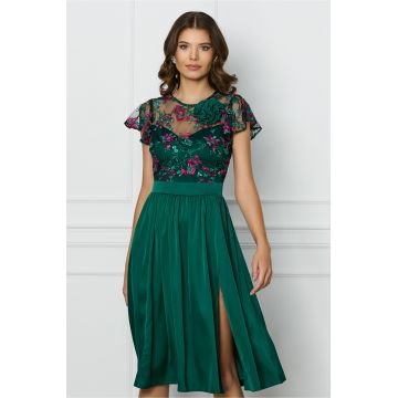 Rochie DY Fashion verde cu trandafir si dantela la bust