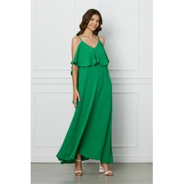 Rochie Sara verde lunga cu volane