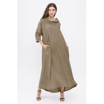 Rochie maxi,  A-line, din in, cu guler amplu, bej inchis