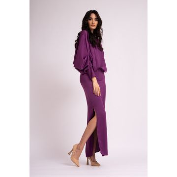 Rochie maxi mov intens cu bust drapat si maneca evazata