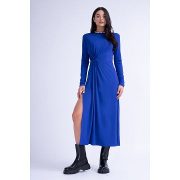 Rochie midi albastru electric cu nod lateral