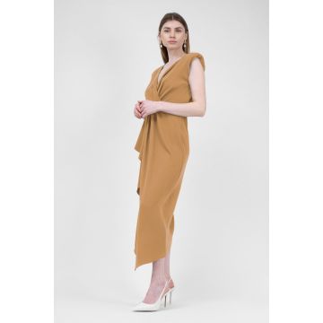 Rochie midi camel cu drapaje si pliuri