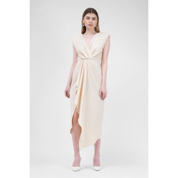 Rochie midi ivoire cu drapaje si pliuri