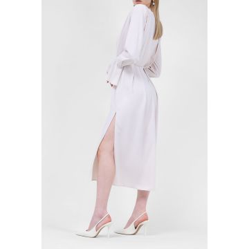 Rochie midi ivoire cu pliuri si umeri proeminenti