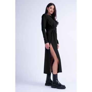 Rochie Midi Neagra cu Nod Lateral
