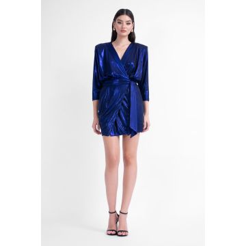 Rochie mini albastru metalizat cu bust bluzat si cordon ajustabil