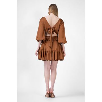 Rochie mini bronze de satin cu volane