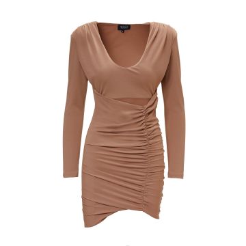 Rochie Mini Camel cu Umeri Fronsati si Decupaj
