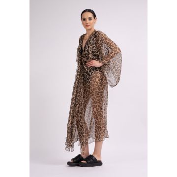 Caftan din voal leopardat cu fronseuri