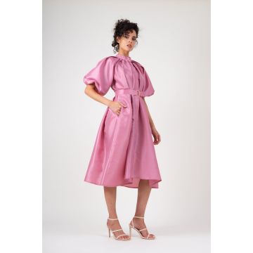 Rochie cu maneca raglan si fronseuri roz pastel