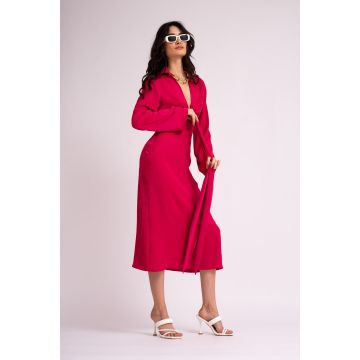 Rochie fuchsia midi cu maneca lunga si nod