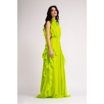 Rochie maxi din voal verde neon cu insertii metalice