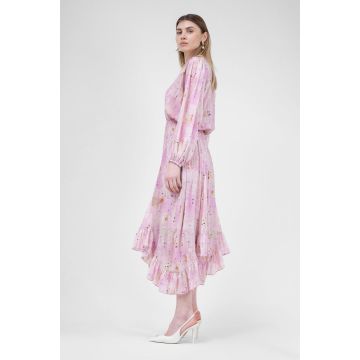 Rochie midi cu clini din voal printat roz