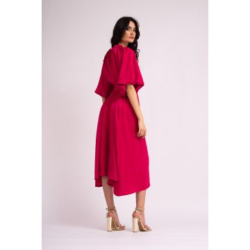 Rochie midi fuchsia cu maneca raglan si fronseuri