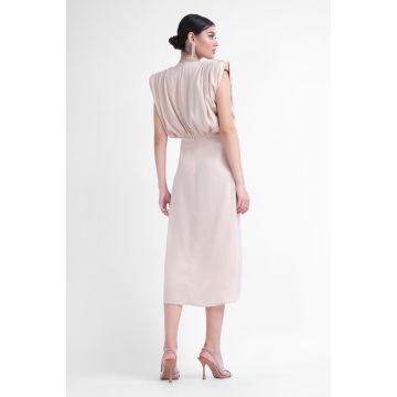 Rochie midi ivoire cu insertii aurii si bust drapat in V