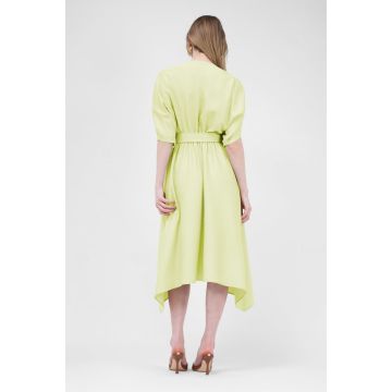Rochie midi neon din in cu bust drapat si curea