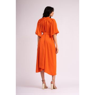 Rochie midi portocalie cu maneca raglan si fronseuri
