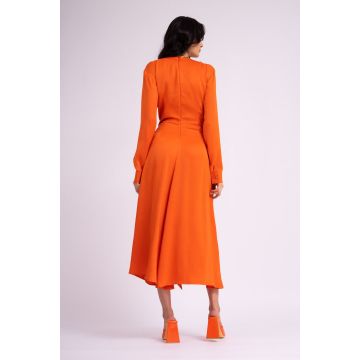 Rochie midi portocaliu neon cu esarfe si pliuri