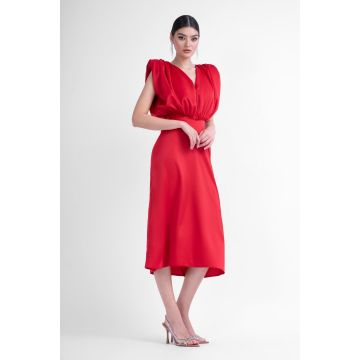 Rochie midi rosie cu bust drapat in V
