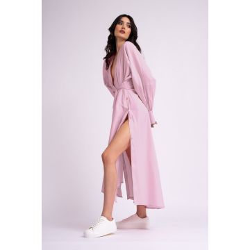 Rochie midi roz tip camasa cu slituri in laterale