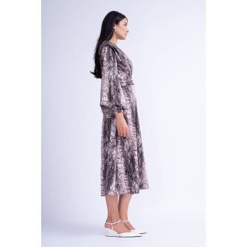 Rochie Midi Snake Print cu Umeri Proeminenti si Pliuri