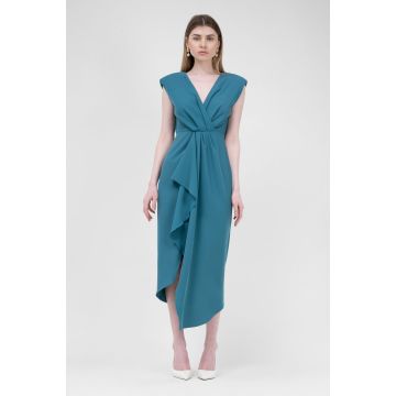 Rochie midi turcoaz cu drapaje si pliuri