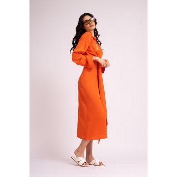Rochie portocaliu neon cu maneca lunga si nod