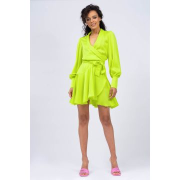 Rochie verde neon petrecuta cu revere