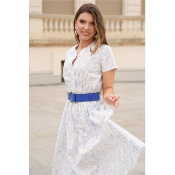 Rochie din bumbac alba cu imprimeu albastru si curea in talie