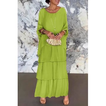 Rochie lunga suprapusa din matase naturala, cu trei volane mari si maneca cazuta, verde deschis