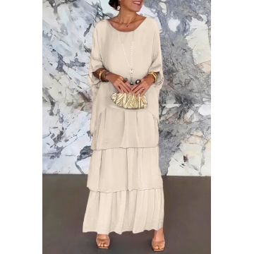 Rochie lunga suprapusa din matase si vascoza, cu trei volane mari si maneca cazuta, bej