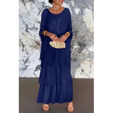 Rochie lunga suprapusa din matase si vascoza, cu trei volane mari si maneca cazuta, bleumarin