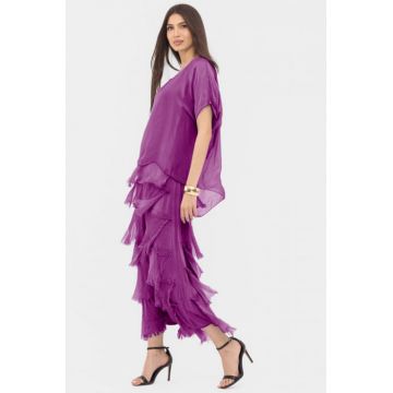 Rochie magenta din matase naturala cu  volane franjurate suprapuse