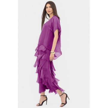 Rochie magenta din matase si vascoza cu  volane franjurate suprapuse