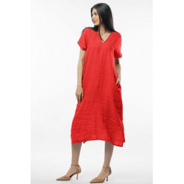 Rochie lunga din in cu funda pe spate, rosu
