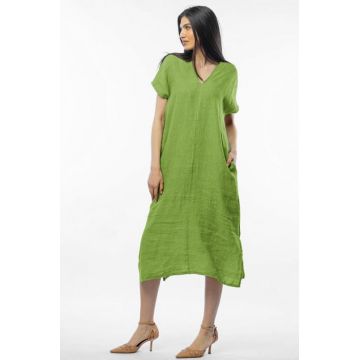 Rochie lunga din in cu funda pe spate, verde oliv