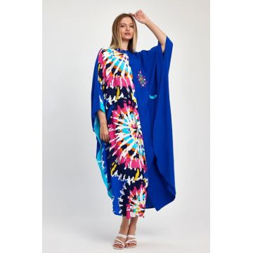 Rochie oversize, cu imprimeu si broderie in nunte de albastru, din vascoza
