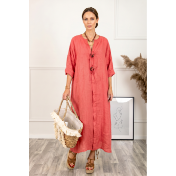 Rochie oversize din in, cu nasturi pe piept, corai