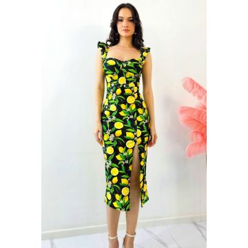 Rochie bodycon Ditsy LIME, sliț adanc si imprimeu cu lămâi, Negru, Marime S/M