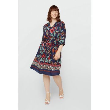 Rochie cu imprimeu floral si maneci 3/4 - Caramiziu/Bleumarin