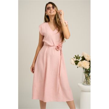 Rochie LaDonna din viscoza roz cu cordon si floare in talie