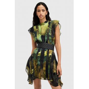 AllSaints rochie FLEUR culoarea verde, mini, evazati, W027DB