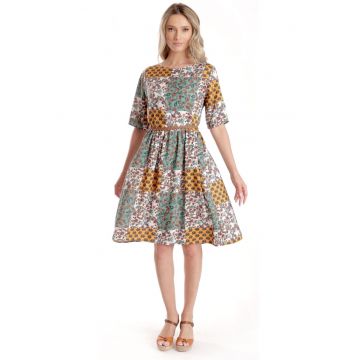 Rochie Medie Dama V275 - Imprimeu Combinat Crem - Mustar si Verde