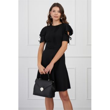Rochie DY Fashion neagra cu pliuri pe bust si volane pe maneci