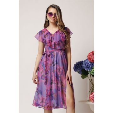 Rochie DY Fashion roz din voal cu imprimeu mov si cordon in talie