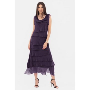 Rochie indigo din matase si vascoza cu  volane franjurate suprapuse, fara maneci